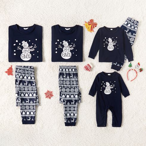 Christmas Snowman and Letter Print Dark Blue Family Matching Long-sleeve Pajamas Sets (Flame Resistant)