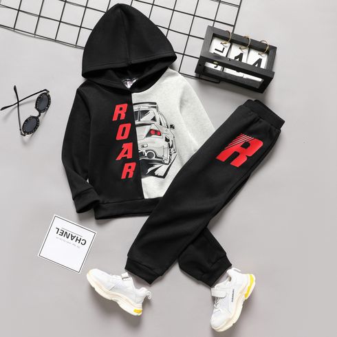 2-piece Toddler Boy Letter Vehicle Print Colorblock Hoodie Sweatshirt and Black Pants Set