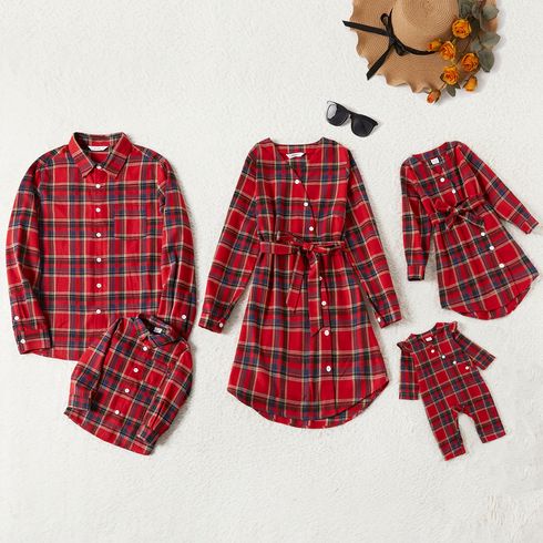 Family Matching Red Plaid Cross Wrap V Neck Long-sleeve Belted Dresses and Shirts Sets