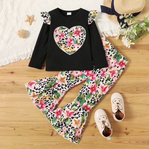 2-piece Toddler Girl Ruffled Floral Print Heart Pattern Ribbed Long-sleeve Top and Flared Pants Set