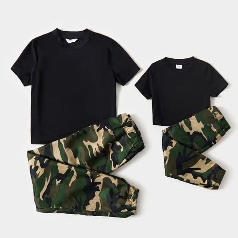 Black Short-sleeve Crop Top T-shirts and Camouflage Pants Sets for Mom and Me