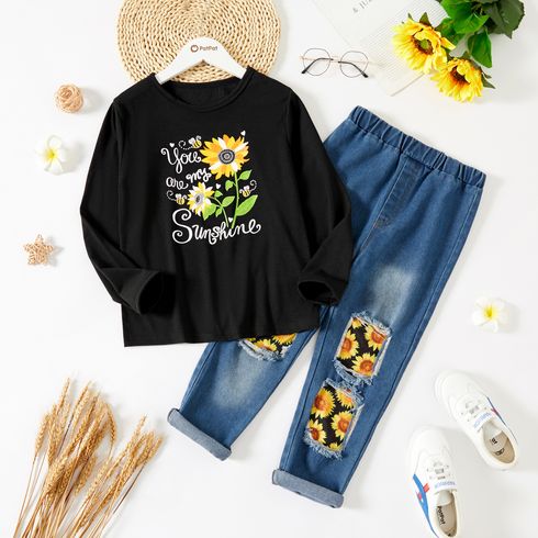 2-piece Kid Girl Floral Print Pullover Sweatshirt and Patchwork Ripped Denim Jeans Set