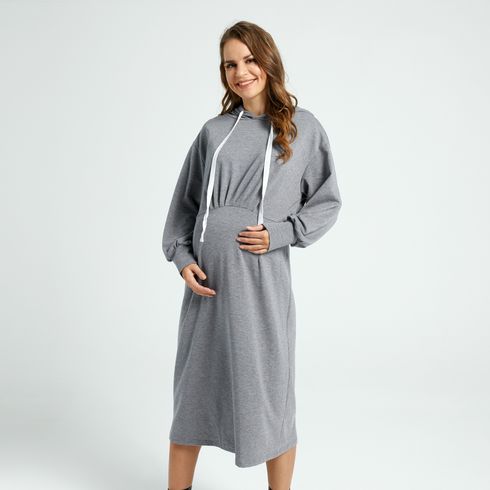 Maternity Casual Grey Long-sleeve Drawstring Hooded Dress