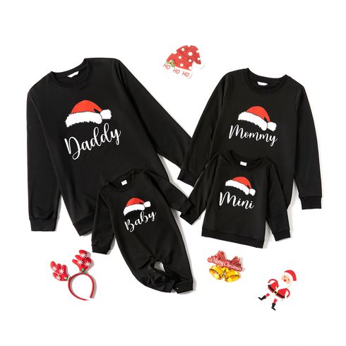 Christmas Hat and Letter Print Black Family Matching Long-sleeve Sweatshirts