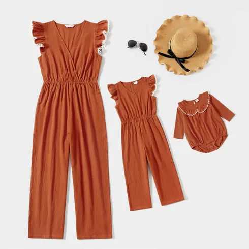 100% Cotton Solid Cross Wrap V Neck Sleeveless Ruffle Jumpsuit for Mom and Me