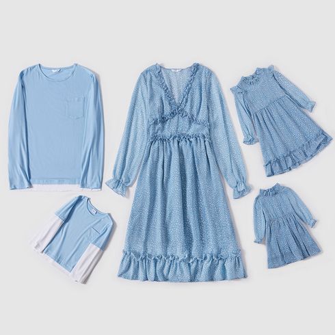 Solid Light Blue Series Long-sleeve Family Matching Sets( Leopard Ruffle Dresses and T-shirts)