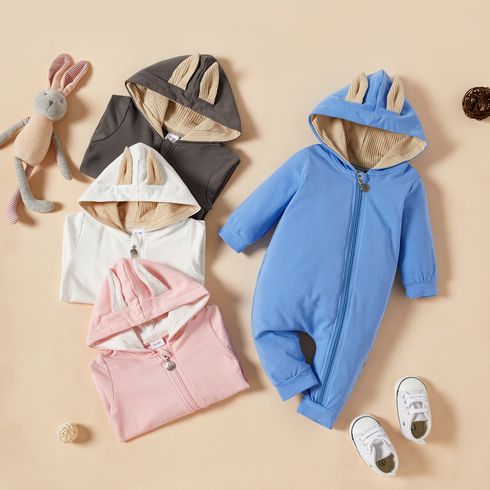 100% Cotton Color Block Hooded 3D Rabbit Ear Design Baby Jumpsuit