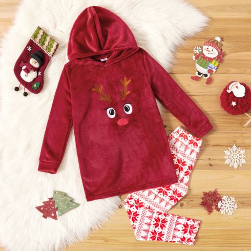 2-piece Kid Girl Christmas Deer Embroidered Velvet Hoodie Sweatshirt and Tree Geo Print Pants Set