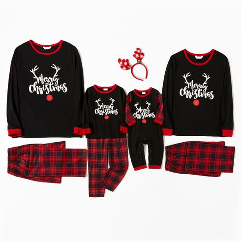 Christmas Antlers and Letter Print Black Family Matching Long-sleeve Plaid Pajamas Sets (Flame Resistant)