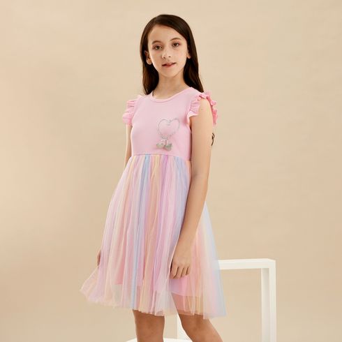Beautiful Kid Girl Princess Fly Sleeve Heart Rainbow Mesh Party Dress
