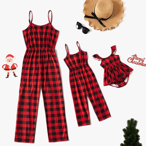 Christmas All Over Red Plaid Sleeveless Cami Jumpsuit for Mom and Me