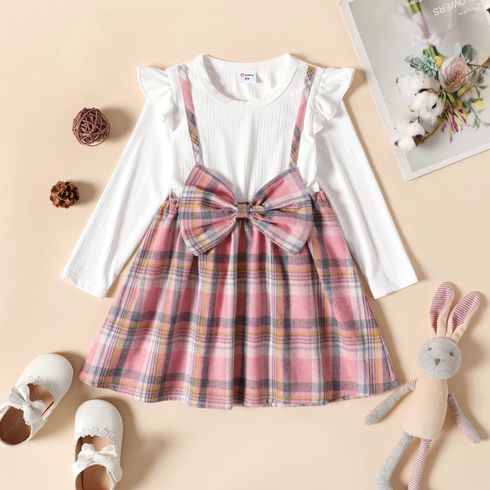 Toddler Girl Faux-two Ruffled Bowknot Design Plaid Long-sleeve Dress