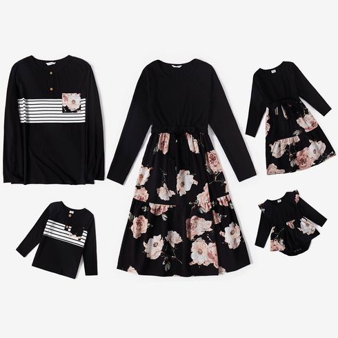 Family Matching Floral Print Black Long-sleeve Belted Splicing Dresses and Striped T-shirts Sets
