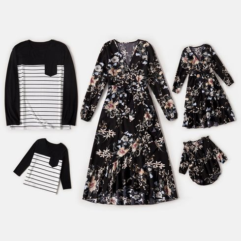Family Matching All Over Floral Print Black V Neck Midi Dresses and Striped T-shirts Sets