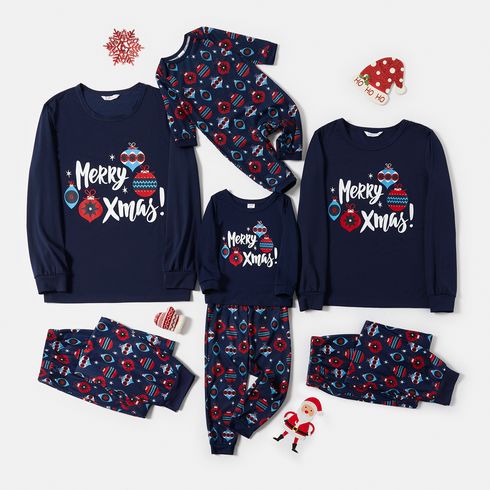 Christmas Letter Print Dark Blue Family Matching Long-sleeve Pajamas Sets (Flame Resistant)