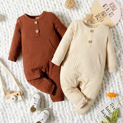 Baby Boy/Girl Solid Ribbed Long-sleeve Jumpsuit with Pocket