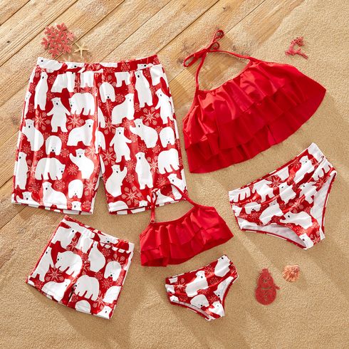 Christmas All Over Polar Bear Print Red Family Matching Halter Neck Ruffle Tops and Shorts Swimsuits