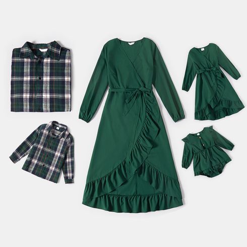 Family Matching Green V Neck Belted Long-sleeve Ruffle Wrap Dresses and Plaid Shirts Sets