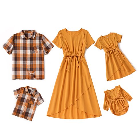 Family Matching Solid Short-sleeve Belted Tulip Hem Midi Dresses and Plaid Shirts Sets