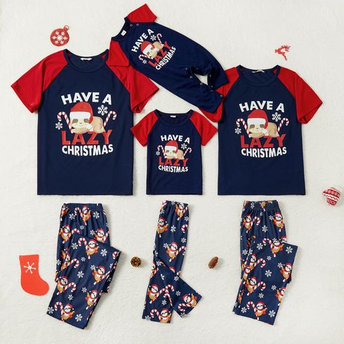 Christmas Sloth and Letter Print Family Matching Red Raglan Short-sleeve Pajamas Sets (Flame Resistant)