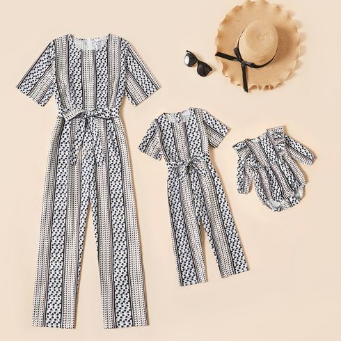 All Over Polka Dots Striped Round Neck Belted Jumpsuits for Mom and Me
