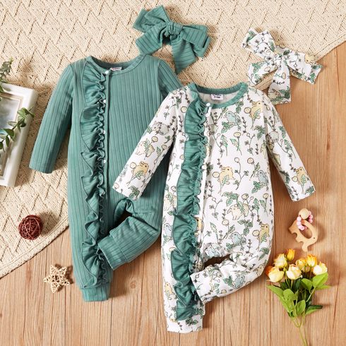 Easter 2pcs Baby Girl Ribbed Green/White Rabbit Print Long-sleeve Ruffle Jumpsuit Set