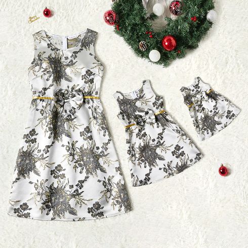 All Over Jacquard Silver Sleeveless Party Dress for Mom and Me