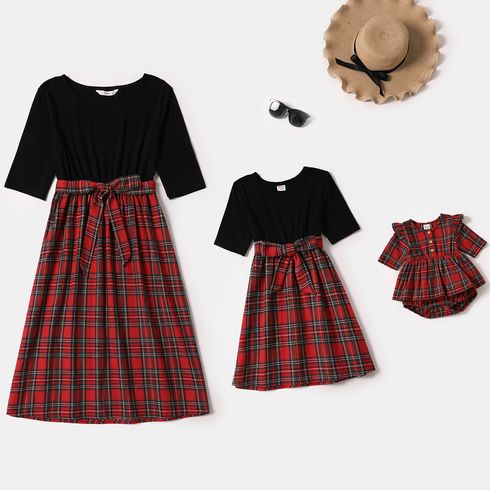 Christmas Red Plaid Splicing Solid Short-sleeve Dress for Mom and Me