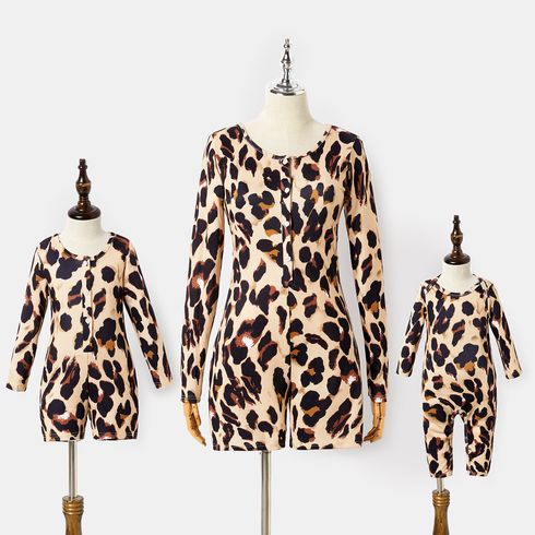 All Over Leopard Apricot Round Neck Long-sleeve Snug-fit Romper Shorts for Mom and Me