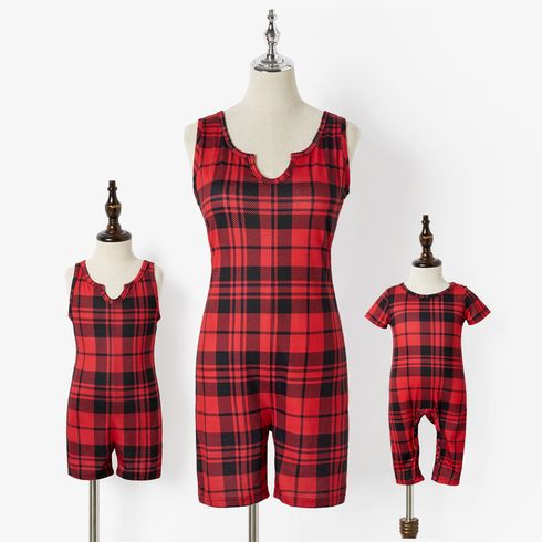 Christmas Red Plaid Stretchy Sleeveless Tank Romper Shorts for Mom and Me