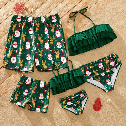 Christmas All Over Santa and Reindeer Print Green Family Matching Swimsuits
