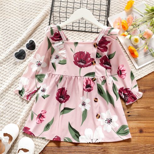 Toddler Girl Ruffled Floral Print/Solid Color Square Neck Long-sleeve Dress