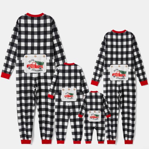 Christmas Tree in Car Letter Print Black Plaid Family Matching Long-sleeve Thickened Polar Fleece Onesies Pajamas Sets (Flame Resistant)