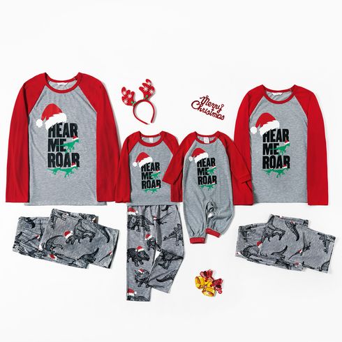 Christmas Dinosaur with Hat and Letter Print Grey Family Matching Raglan Long-sleeve Pajamas Sets (Flame Resistant)
