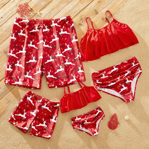 Christmas All Over Reindeer Print Red Family Matching Swimsuits