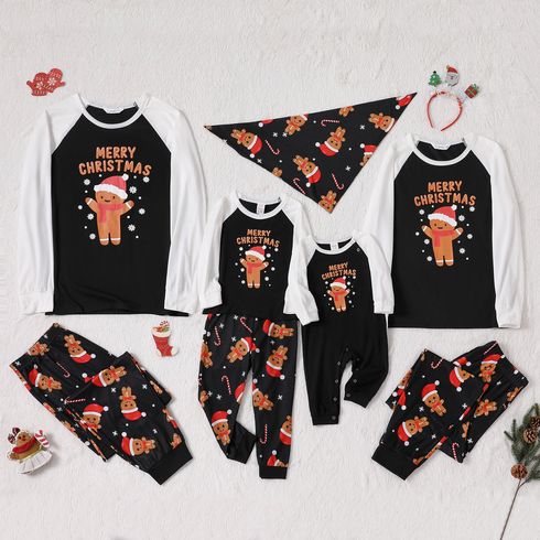 Christmas Gingerbread Man and Letter Print Black Family Matching Raglan Long-sleeve Pajamas Sets (Flame Resistant)