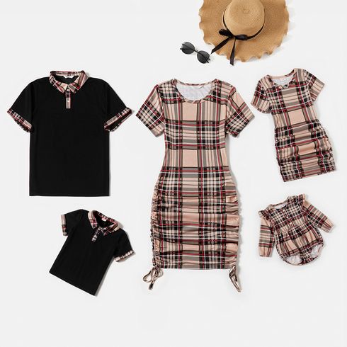 Family Matching Plaid Short-sleeve Ruched Mini Bodycon Dresses and Polo Shirts Sets