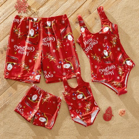 Christmas All Over Santa Claus on Sleigh with 2 Reindeers and Letter Print Red Family Matching Swimsuits