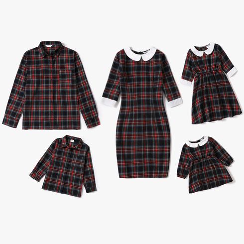 Family Matching Long-sleeve Plaid Button Down Dresses and Shirts Sets