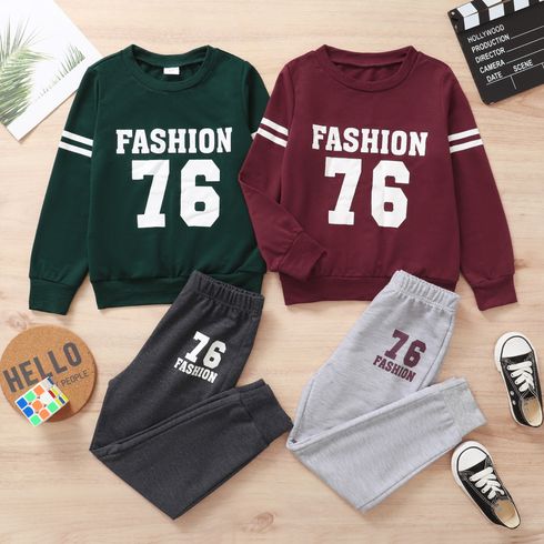 2-piece Kid Boy Letter Number Print Brick Red Pullover and Grey Pants Set
