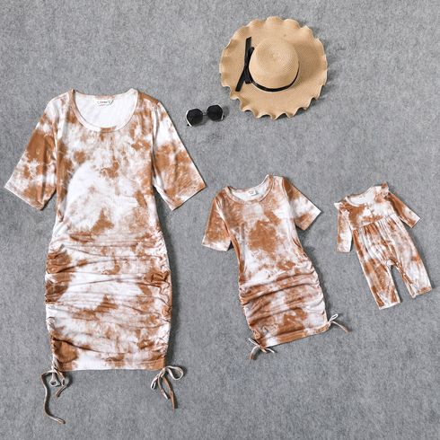 Khaki Tie Dye Half Sleeve Mini Bodycon Ruched Dress for Mom and Me