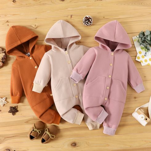 Baby Solid Button Down Long-sleeve Hooded Jumpsuit with Pockets