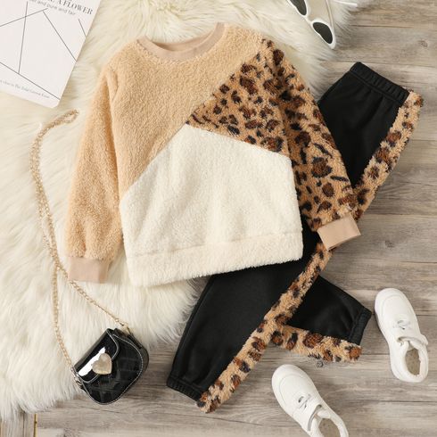 2-piece Kid Girl Leopard Print Colorblock Fuzzy Pullover Sweatshirt and Fleece Lined Pants Casual Set