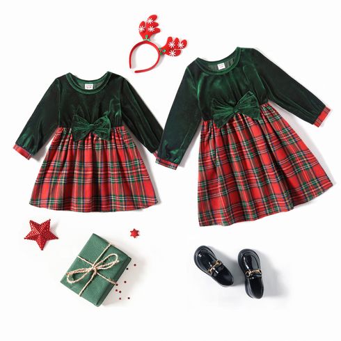 Christmas Velvet Bowknot Long-sleeve Splicing Red Plaid A-line Dress for Sister and Me