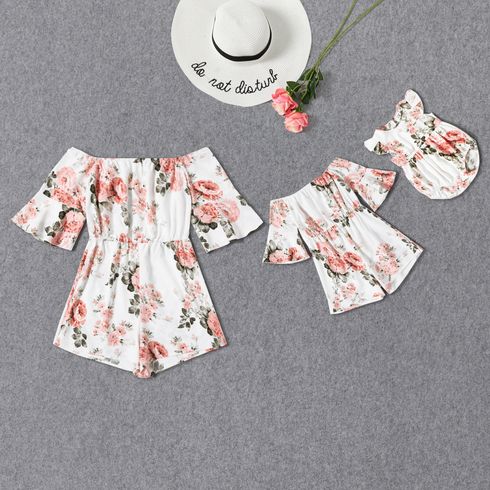 Floral Allover Off Shoulder Flare-Half-sleeve Matching White Shorts Rompers