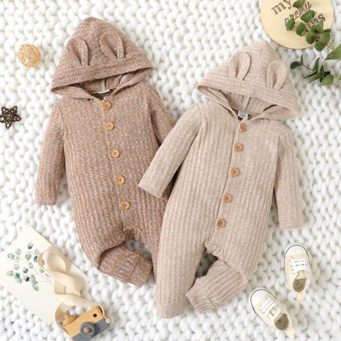 Baby Boy/Girl Heathered Ribbed Long-sleeve 3D Ears Hooded Button Down Jumpsuit