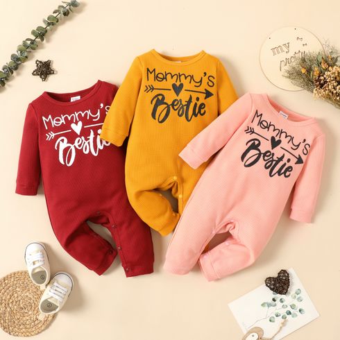 Baby Girl Letter Print Solid Waffle Long-sleeve Jumpsuit