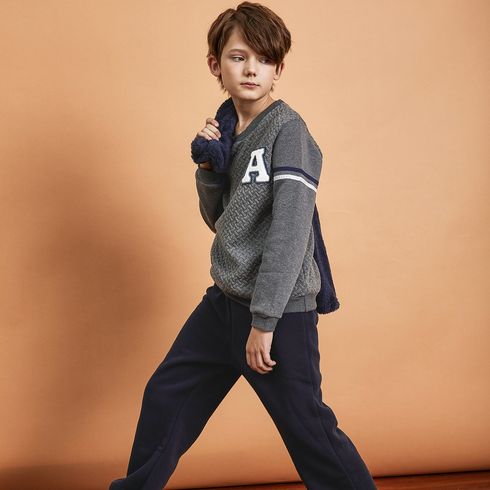 2-piece Kid Boy Letter Embroidered Textured Pullover Sweatshirt and Fleece Lined Pants Set