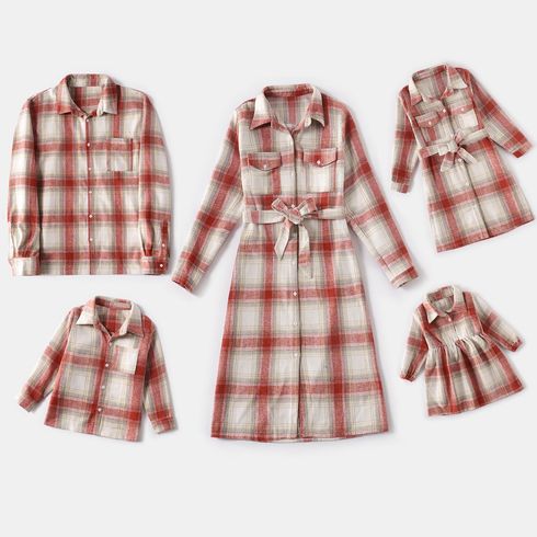 Family Matching Plaid Lapel Long-sleeve Dresses and Shirts Sets