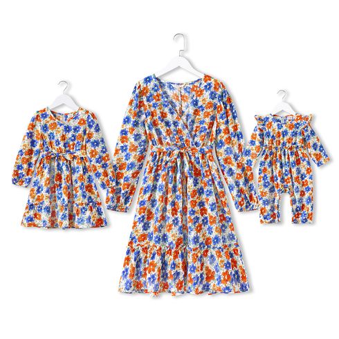 Multicolor All Over Floral Print Cross Wrap V Neck Long-sleeve Ruffle Hem Dress for Mom and Me